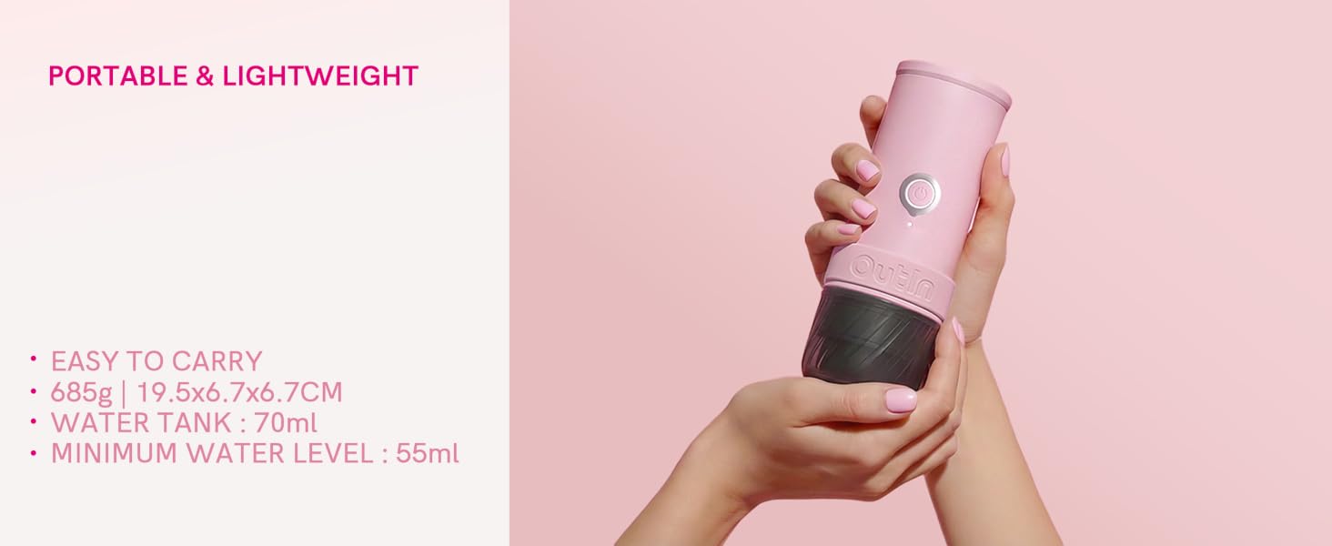 Text reads 'PORTABLE &amp; LIGHTWEIGHT'. Pink-colored product being held and demonstrated in multiple views against pink background.
