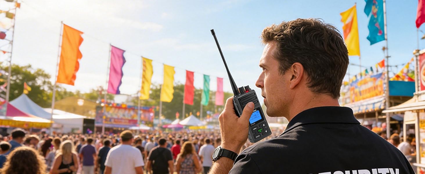 A focused maintenance supervisor in a reflective safety vest holds a walkie-talkie