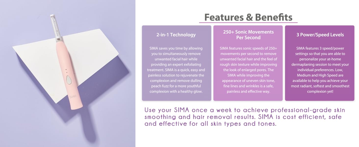 sima, 2-in-1 technology, 250+ sonic movements per second, 3 power/speed levels
