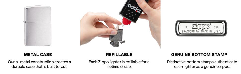 metal case, all metal construction, lifetime use, genuine zippo bottom stamp, silver lighter,