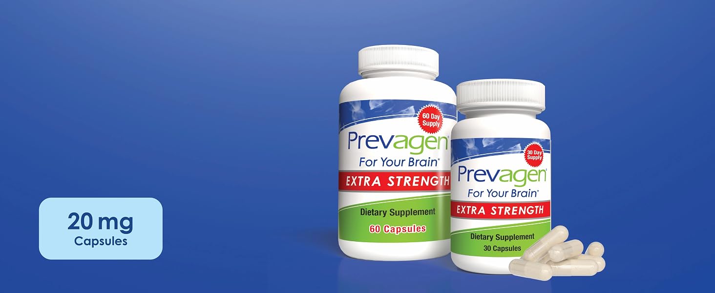 Prevagen Extra Strength 20mg 30 capsules and 60 capsules on blue background