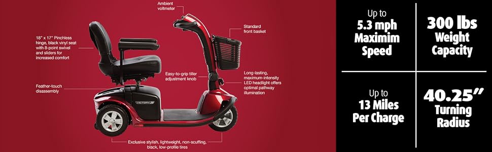 Miles per charge maximum speed weight capacity turning radius pride victory 9 3 wheel