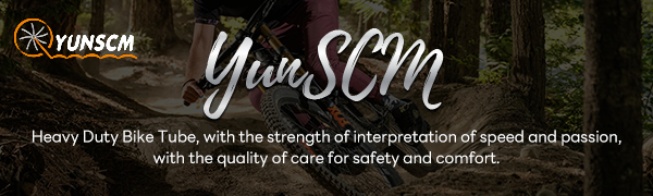Heavy duty bike tube advertisement with YunSCM logo, emphasizing strength, speed, and safety for cyclists.