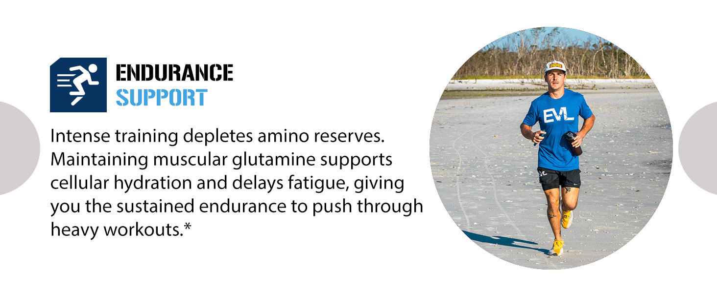 Male athlete running beach with EVL Glutamine5000. L-Glutamine supports endurance, delays fatigue.*