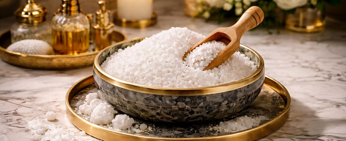Coarse white Dead Sea salt in a luxury marble bowl with a wooden scoop on a gold tray.