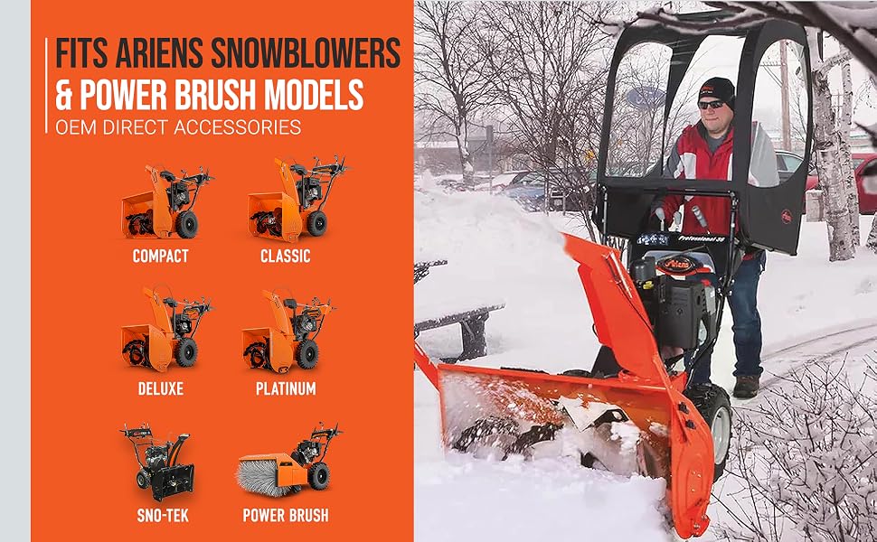 A man using a snowblower. Text reads: Fits Ariens Snowblowers &amp;amp; Power Brush Models.