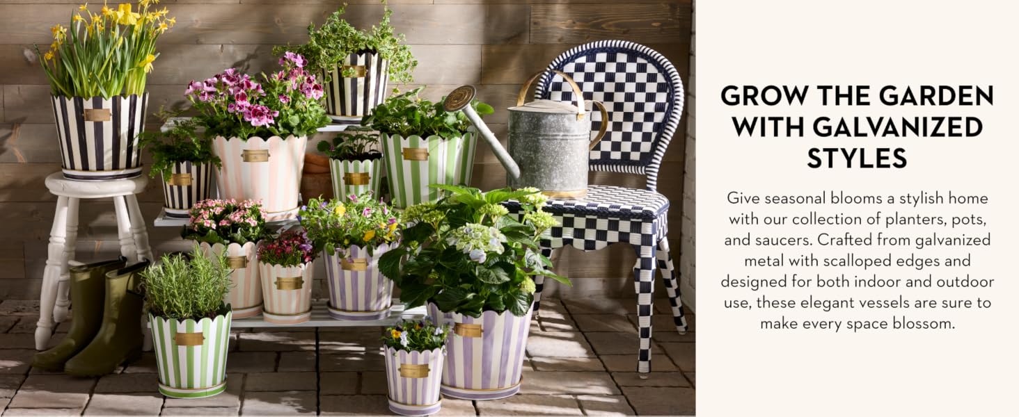 Outdoor flower planters. Text reads: Grow the garden with galvanized styles.