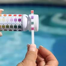 Swimming pool chlorine and chemical test strips identify which pool chemicals are needed