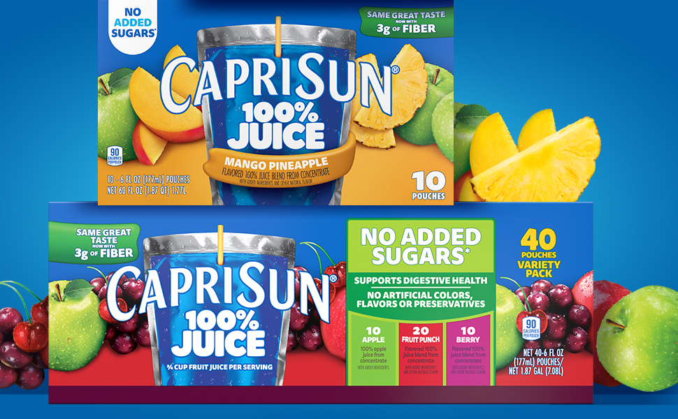 1 10 count box of Capri Sun 100% Juice in Mango Pineapple and 1 variety pack of Capri Sun 100% Juice