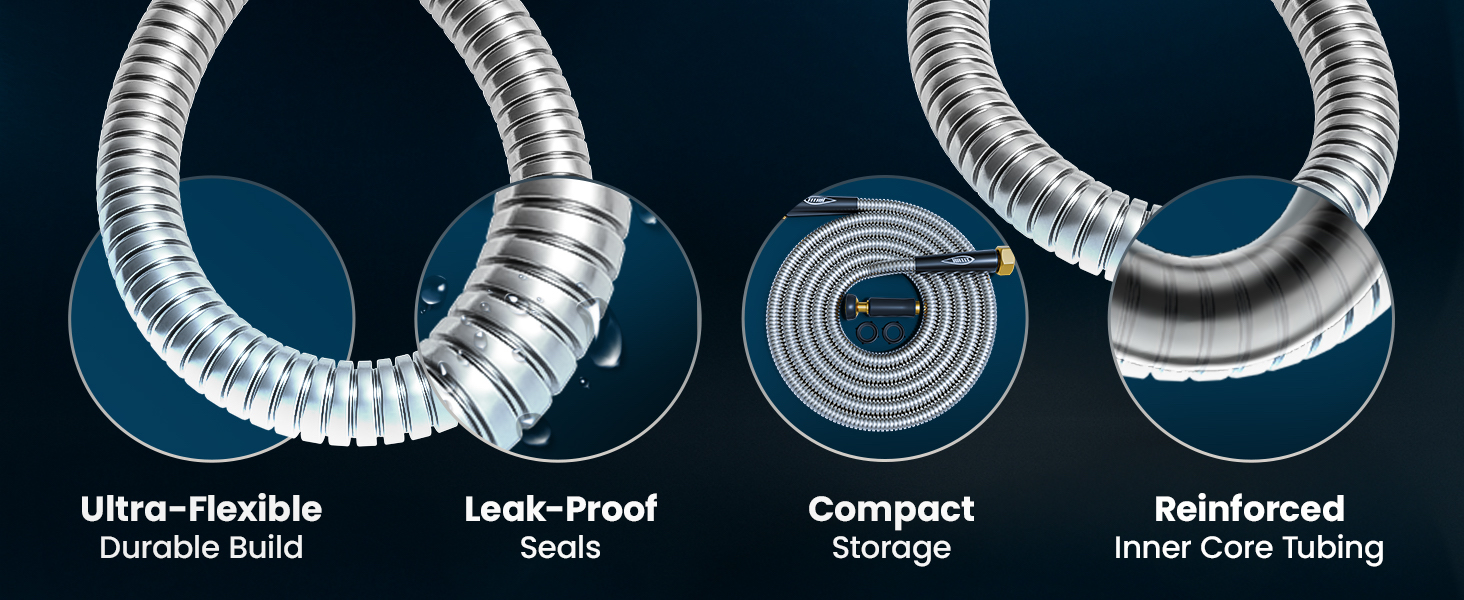 Flexible leak proof compact stainless steel metal garden hose with reinforced inner core tubing