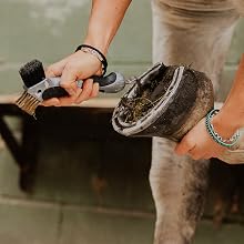 Sequential images showing process of applying or pouring a product onto concrete or stone flooring, demonstrated through multiple steps.