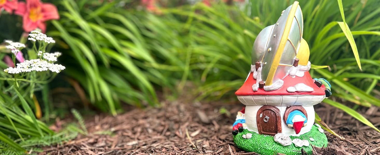 Gnometastic UFO Crash Landing Gnome into a gnome mushroom house, 8.85 inches tall