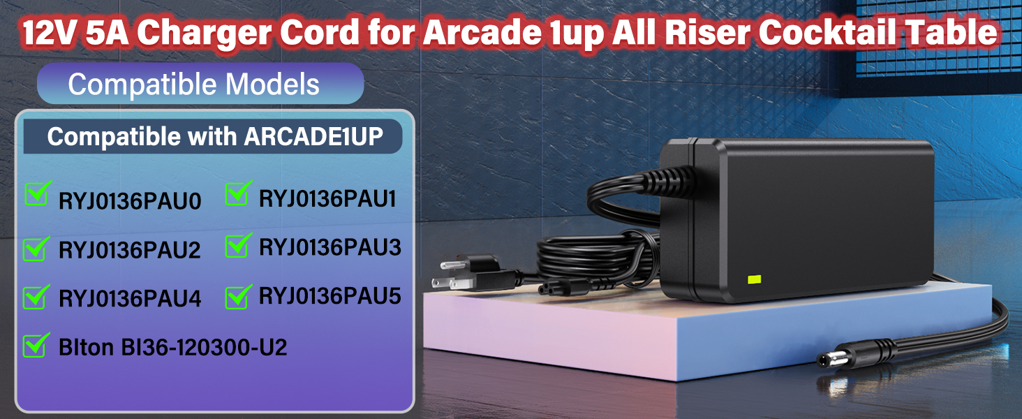 12V Replacement Charger Cord for ARCADE1UP Arcade 1up All Riser Cocktail Table