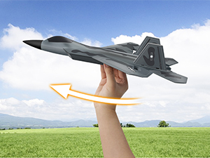 Model aircraft being held against sky background with grass below, demonstrating upward flight motion with directional arrow.