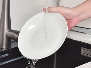 Text visible: 'MIICOL', 'Easy To Clean'. Sequence showing white ceramic plate being cleaned under running water in kitchen sink.