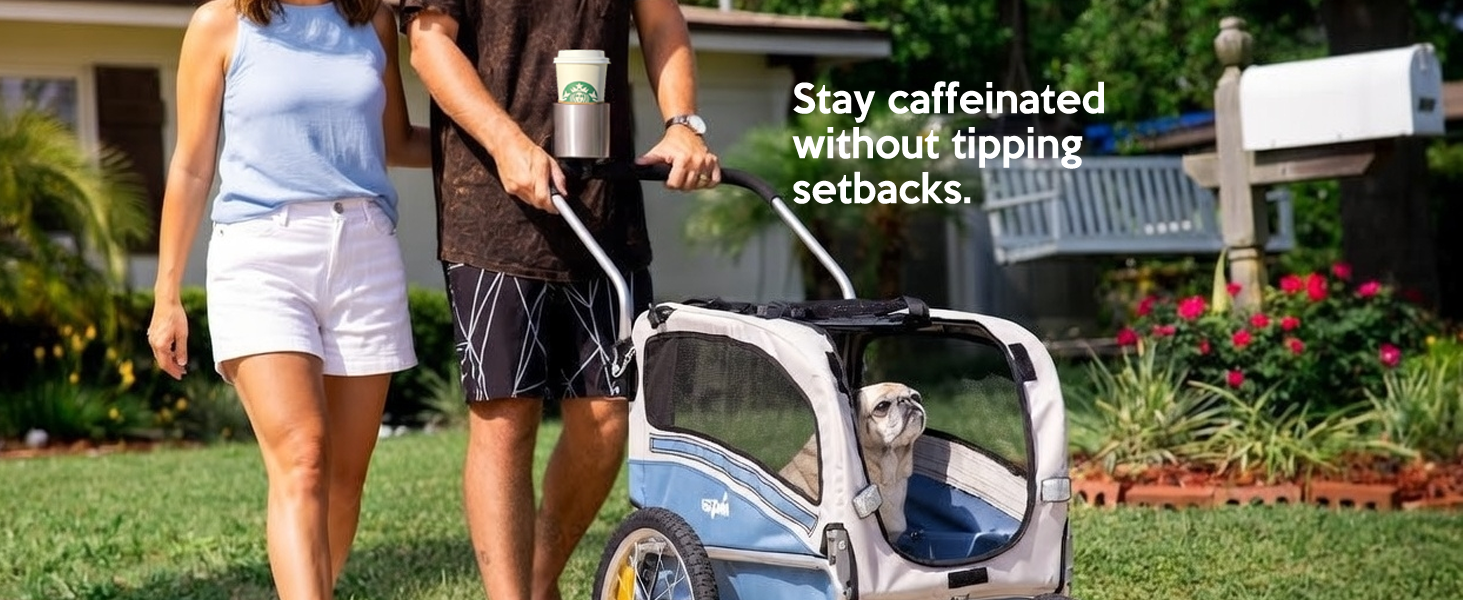 parent walking with stroller cup holder attachment