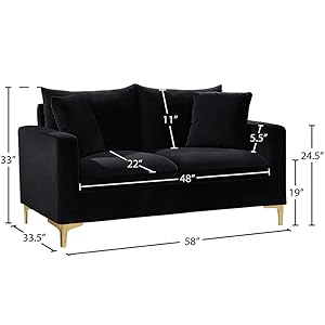 Meridian furniture, naomi, plush, velvet, button, tufting, loveseat, room, stainless steel, chrome