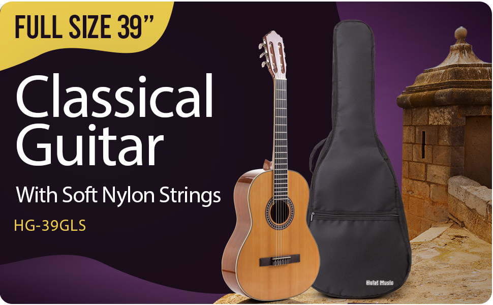 Hola Music HG-39GLS Full size Classical Guitar Bundle Pack with, picks, bag, truss rod, Hex Key