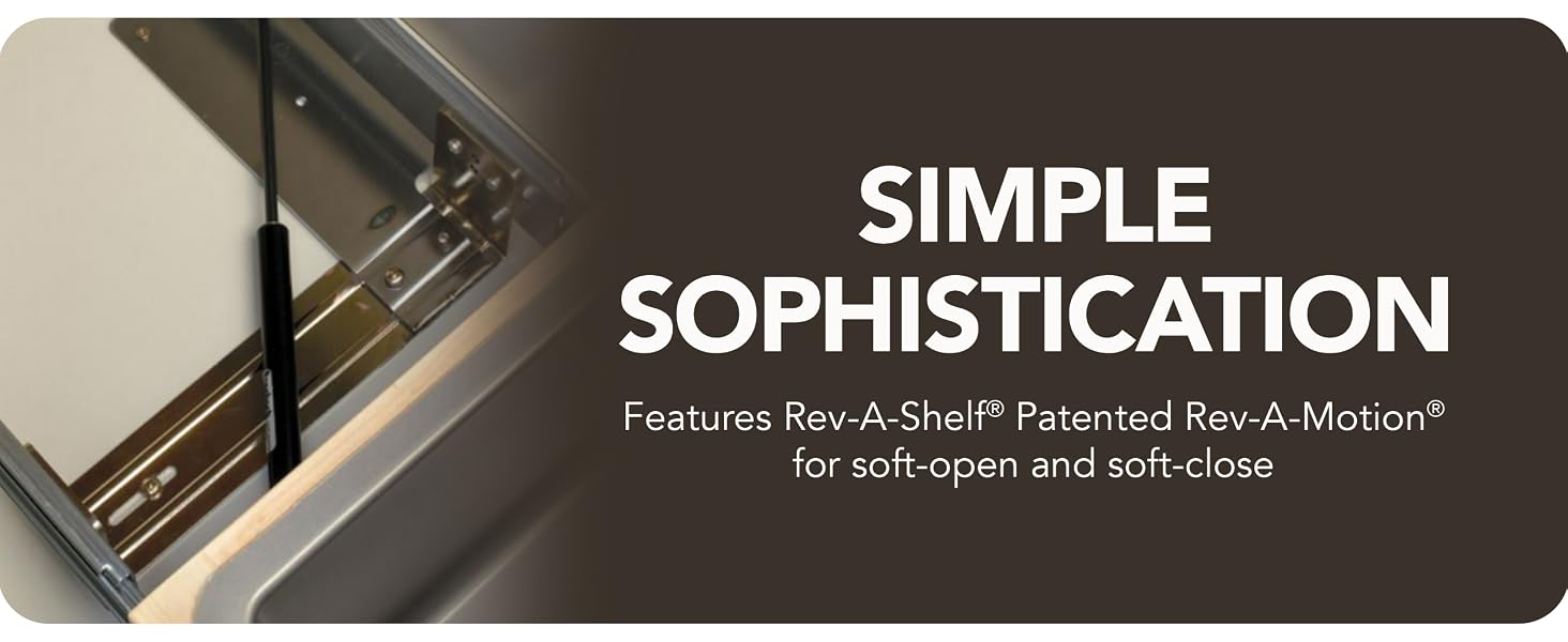 Rev-A-Shelf Pullout Trash Can. Text reads: Simple Sophistication