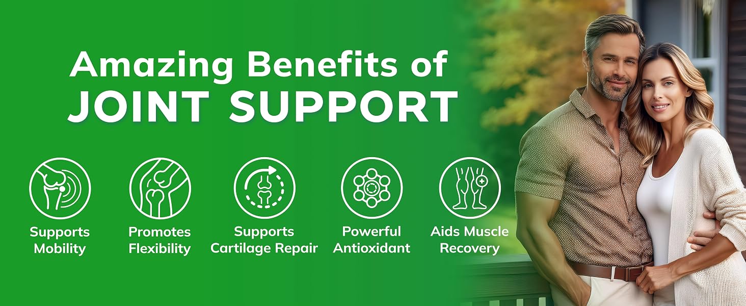 supports mobility, flexibility, cartilage repair, antioxidants, muscle recovery, immunity, health