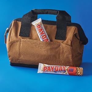 Two king size Payday peanut caramel candy bars with a toolbag