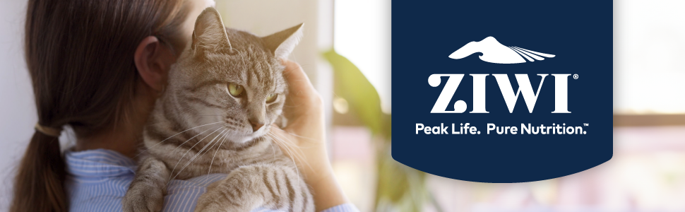 Cat being held by owner. ZIWI Logo. Peak Life. Pure Nutrition.