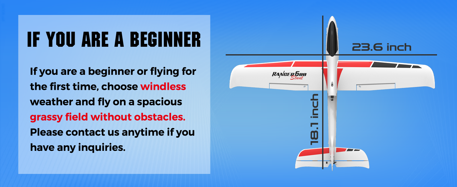 Beginner tips for RC flying: choose windless, obstacle-free grassy. Plane 23.6&amp;#34;wingspan, 19.1&amp;#34;length