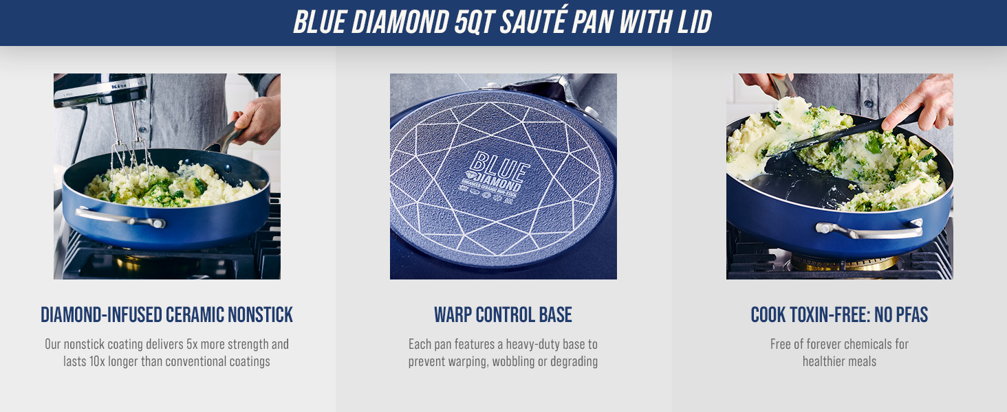 BlueDiamond, Ceramic Nonstick, PFAS-Free, Non-Toxic, Cookware, Saute Pan, Classic