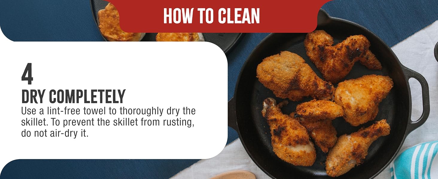 A cast-iron skillet frying chicken. Text reads: Dry completely.