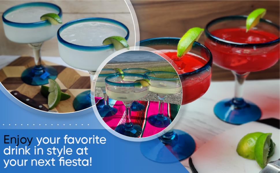 Mexican margarita glasses hand blown aqua rim recycled glass