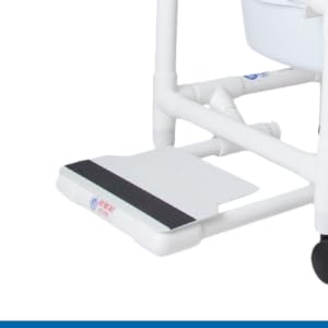Shower chair footrest sliding in and out to provide relaxing foot support.