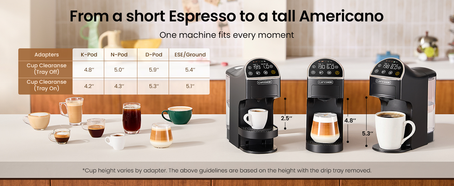 Compact size with 3 adjustable cup heights, ideal for espresso, Americano, and specialty drinks