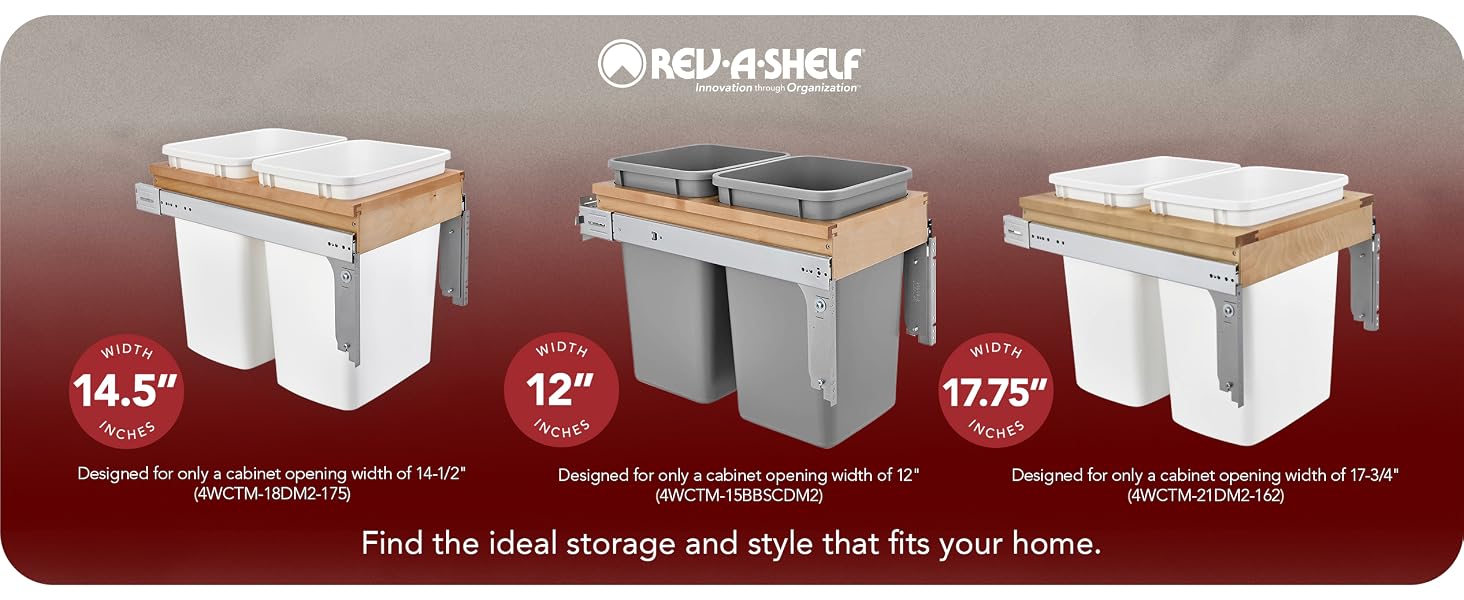 The different sizes and types of the Rev-A-Shelf under counter trash can system.