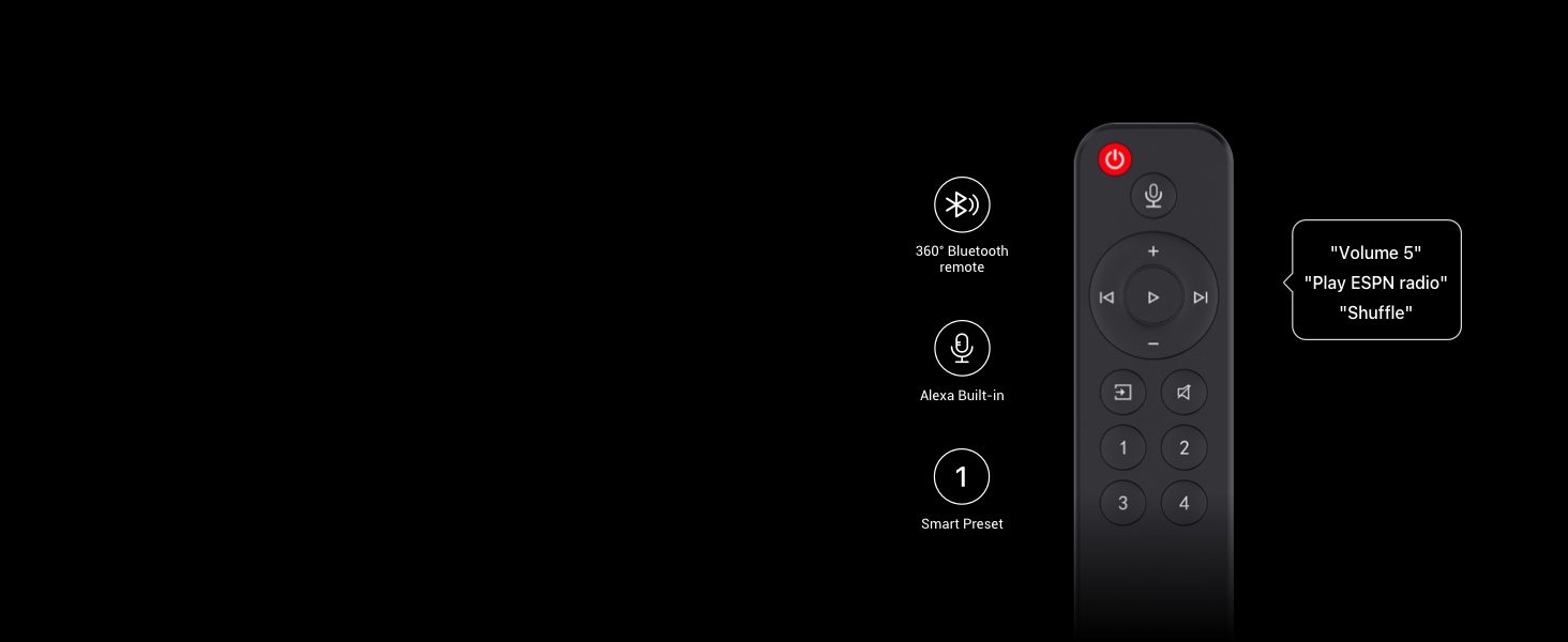 Seamless voice control with 360° Bluetooth remote, featuring built-in Alexa for voice commands.