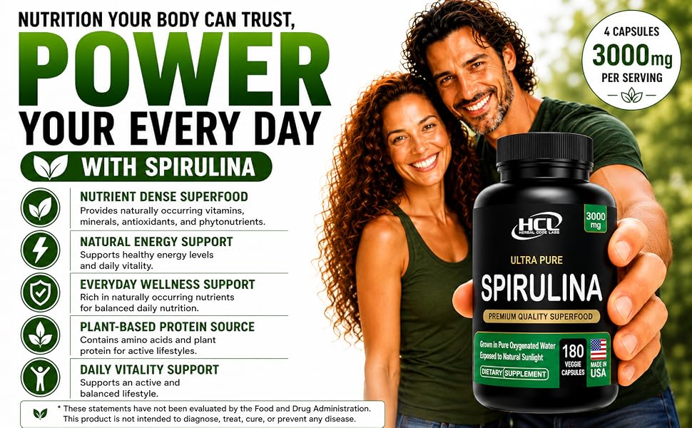 Spirulina and chlorella superfood, plant protein, chlorophyll, vitamins