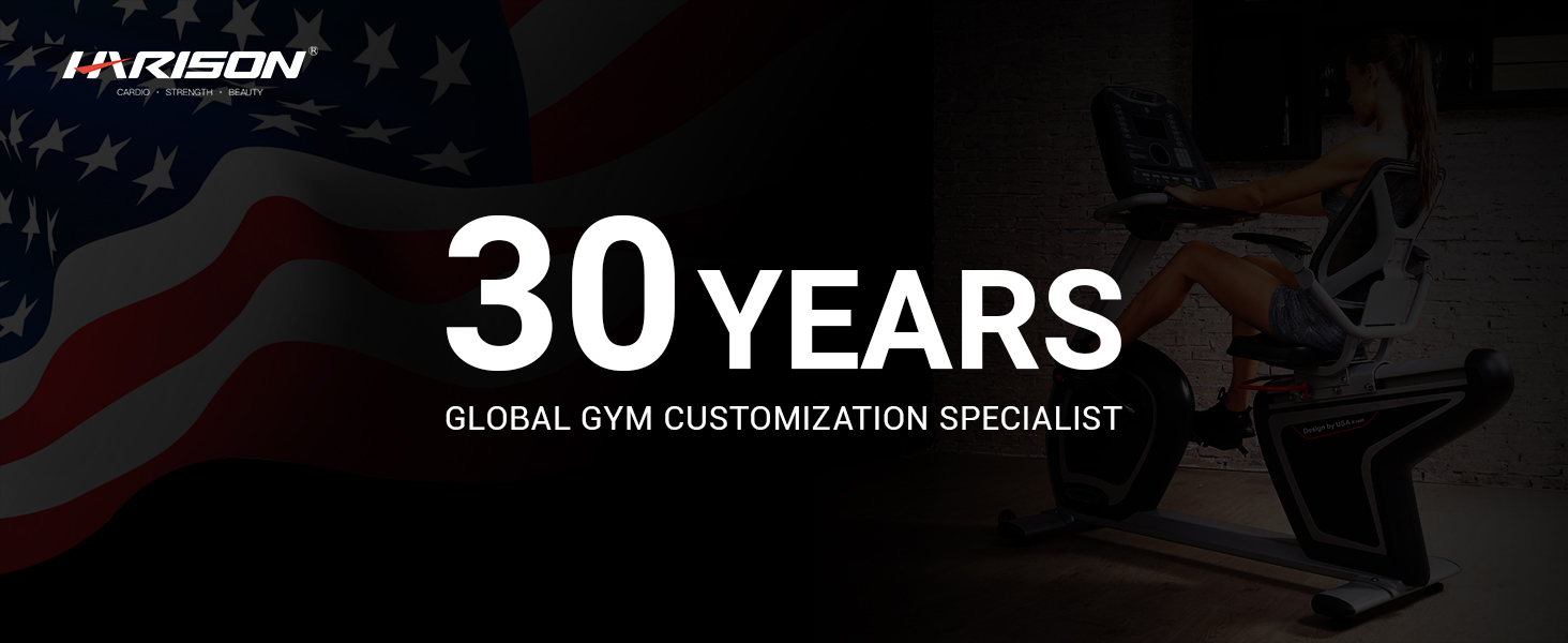 HARISON recumbent exercise bike highlighting 29 years of global gym customization experience