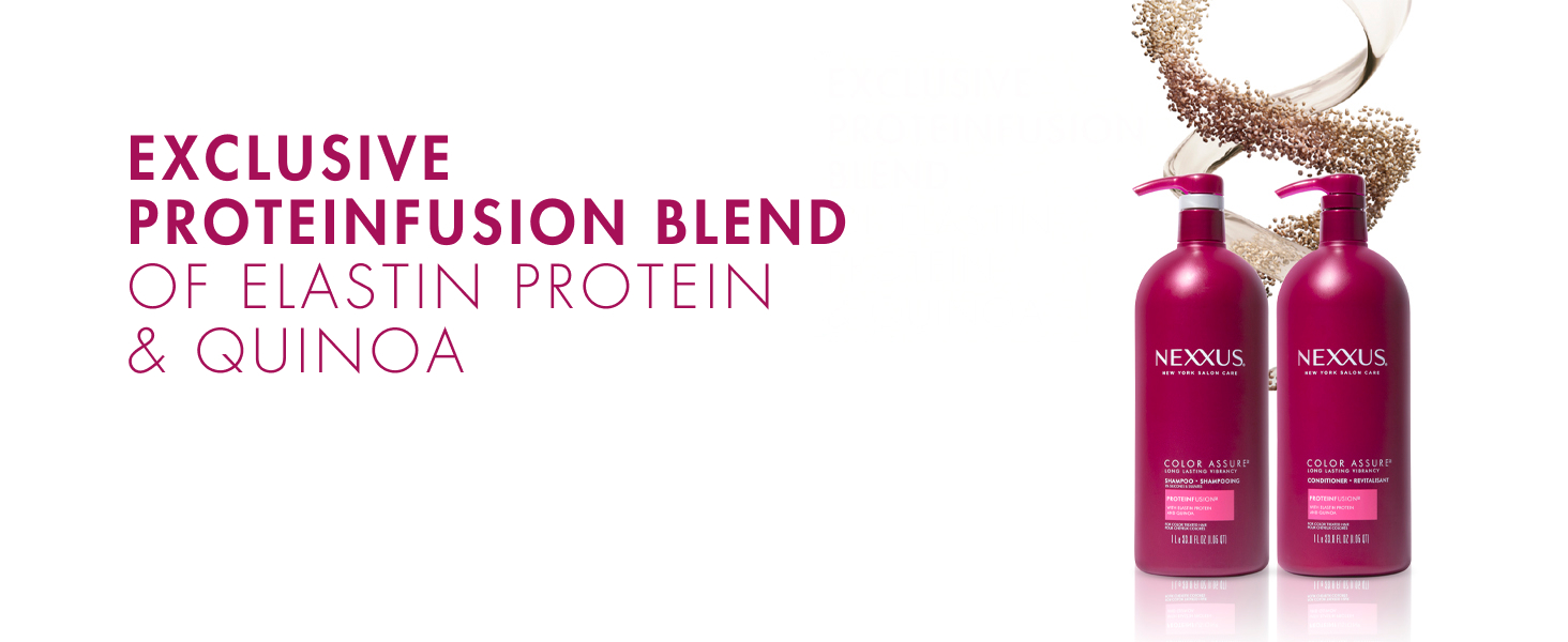 Products shot against white background with swirling liquids and text.