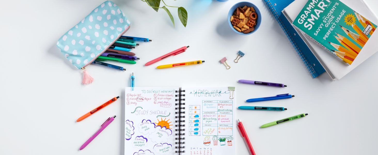 inkjoy gel desk homework student write best pen desk trendy aesthetic organize cute colorful paper