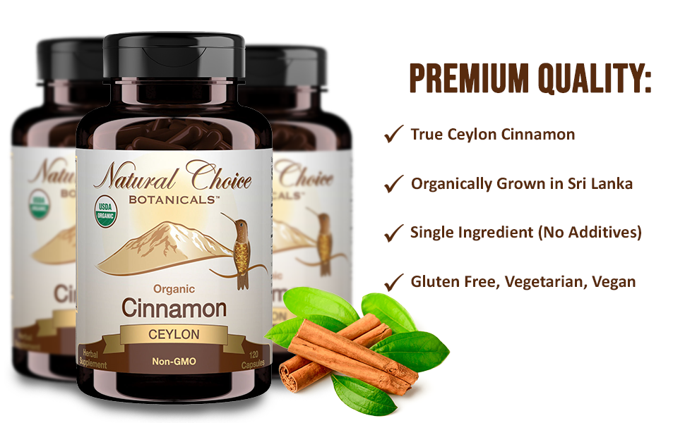 Ceylon Cinnamon Supplement Capsules Bottle with True Cinnamon bullet point