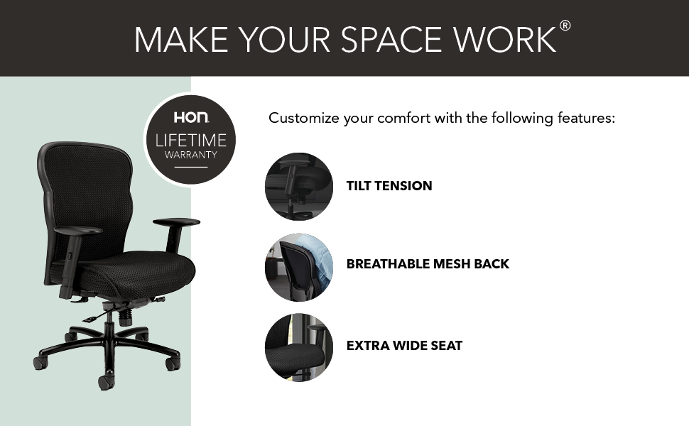 The features of the HON Wave Big and Tall Ergonomic Office Chair