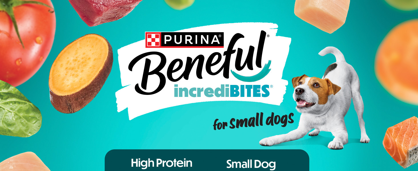 Beneful incrediBits for small dogs logo with a small breed do next to it