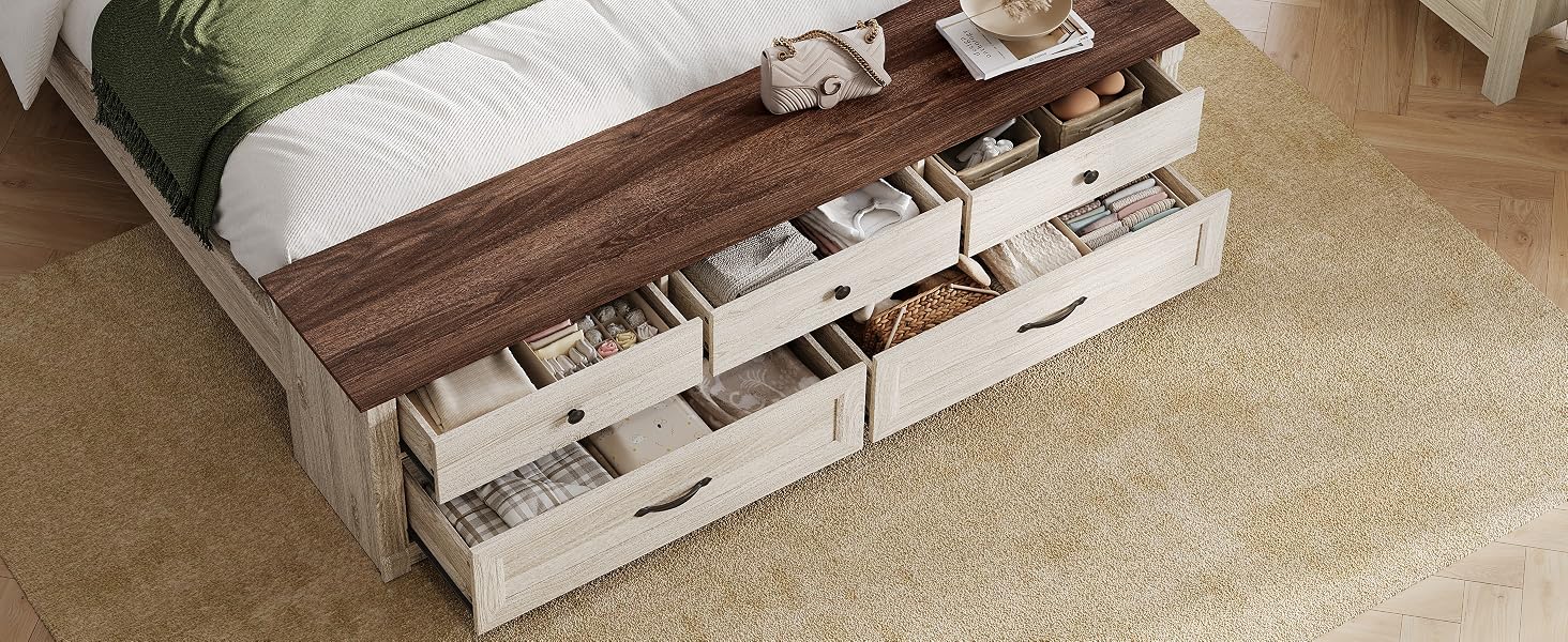 Queen Storage Bed Frame with Drawers Farmhouse Bed Frame Queen-Size with Headboard Footboard Bench