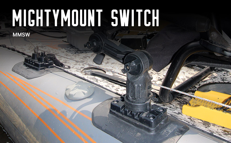 MightyMount switch on inflatable kayak with rod holder mounted