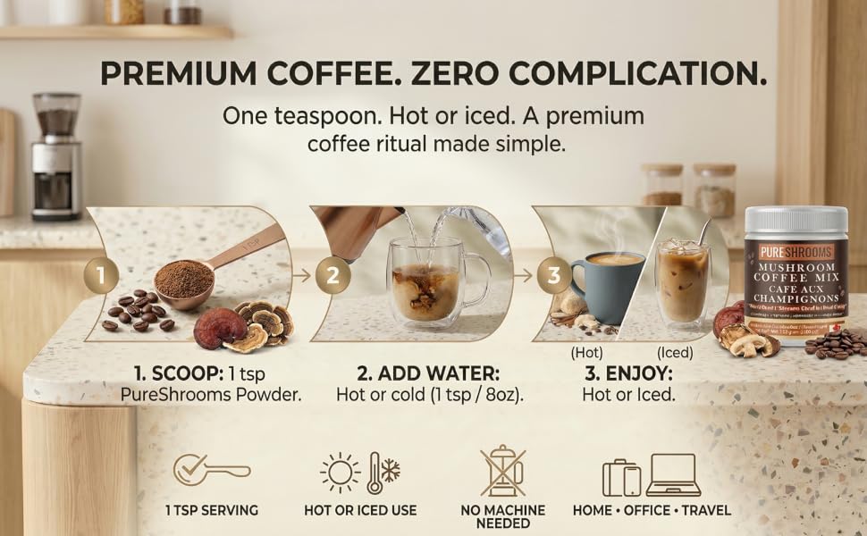 easy instant mushroom coffee powder scoop and stir hot or iced no brewing needed for daily focus