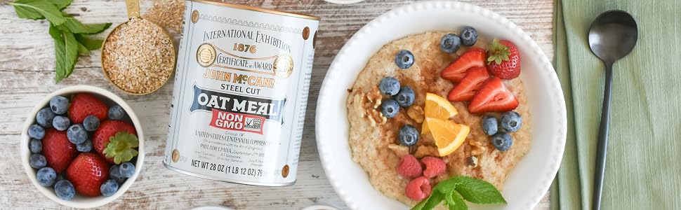 McCann&amp;#39;s steel cut oats with a bowl of oatmeal and berries
