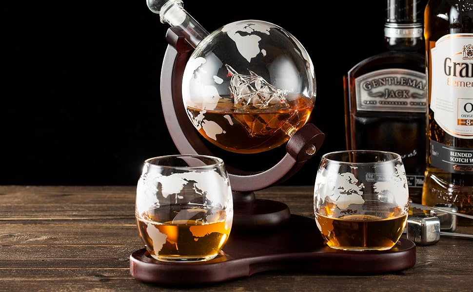 Globe Decanter with 2 Etched Globe Whiskey Glasses