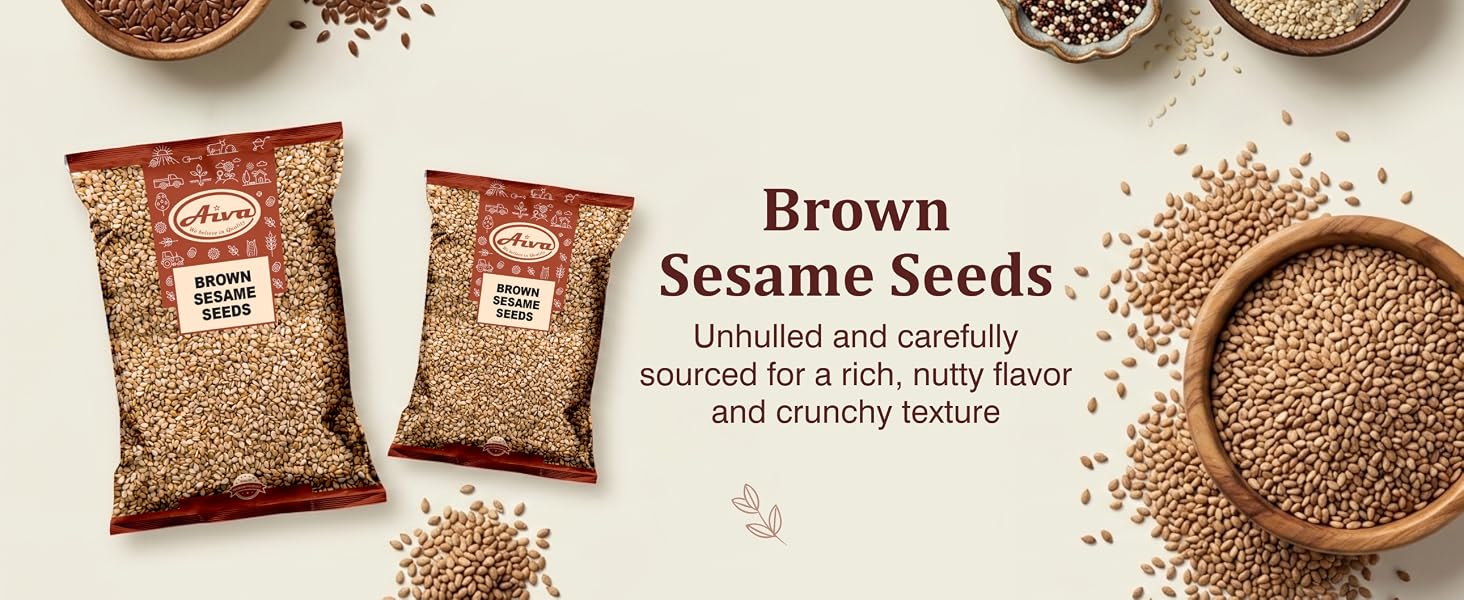 Aiva Brown Sesame Seeds shown in pouches with loose product in a bowl.