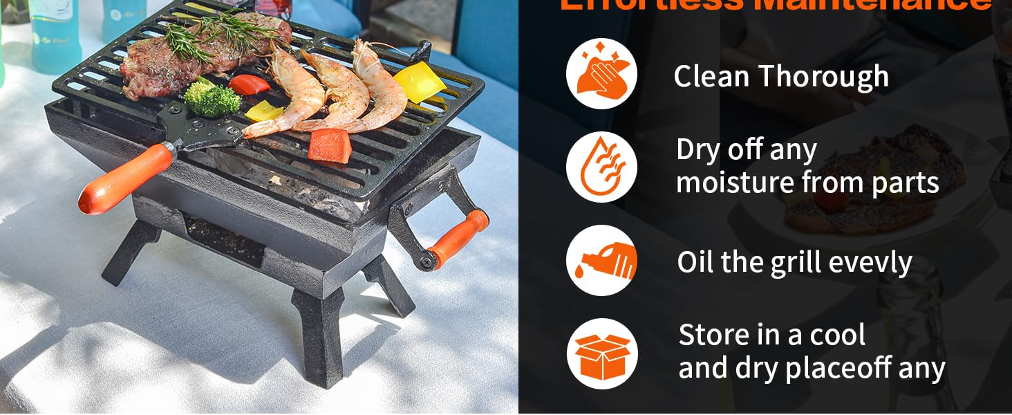 Designed with two side handles for convenient grill carrying, easy to add or remove charcoal