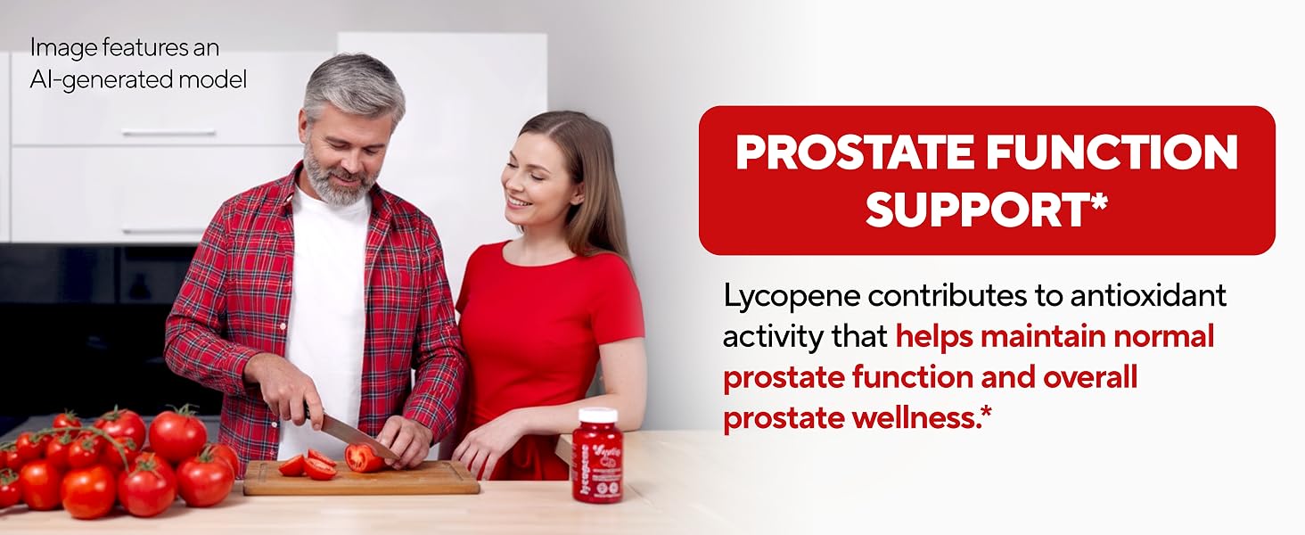 Man cutting tomatoes in kitchen with lycopene supplement bottle on table