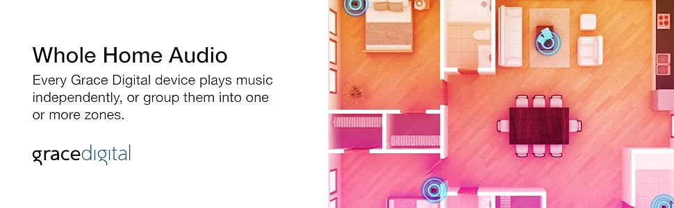 Whole home audio. Every Grace Digital device plays music independently, or group them into zones.